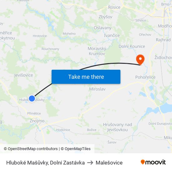 Hluboké Mašůvky, Dolní Zastávka to Malešovice map