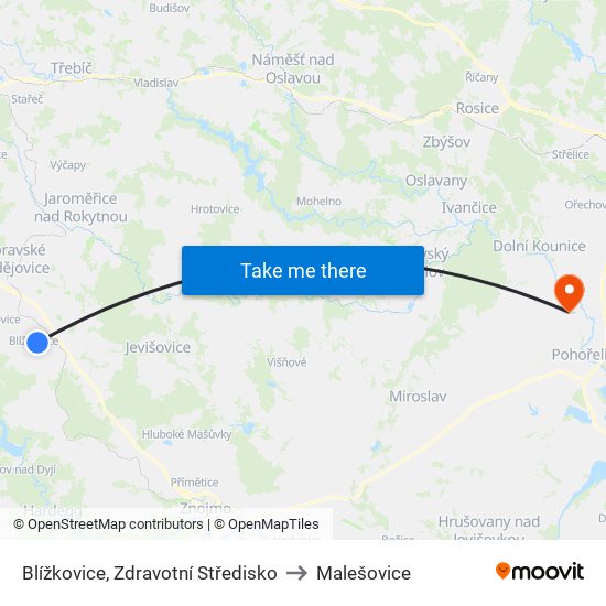 Blížkovice, Zdravotní Středisko to Malešovice map