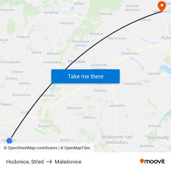 Hodonice, Střed to Malešovice map