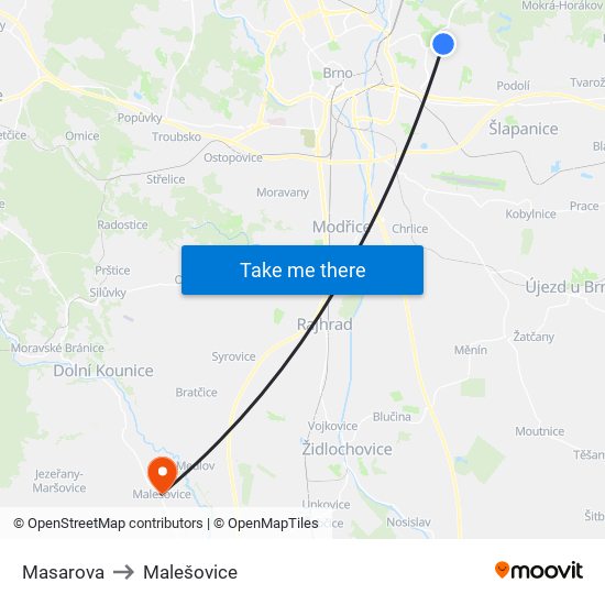 Masarova to Malešovice map