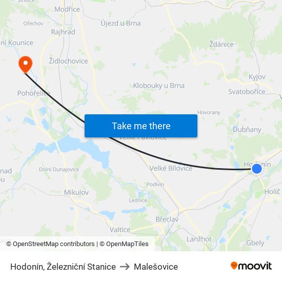 Hodonín, Železniční Stanice to Malešovice map