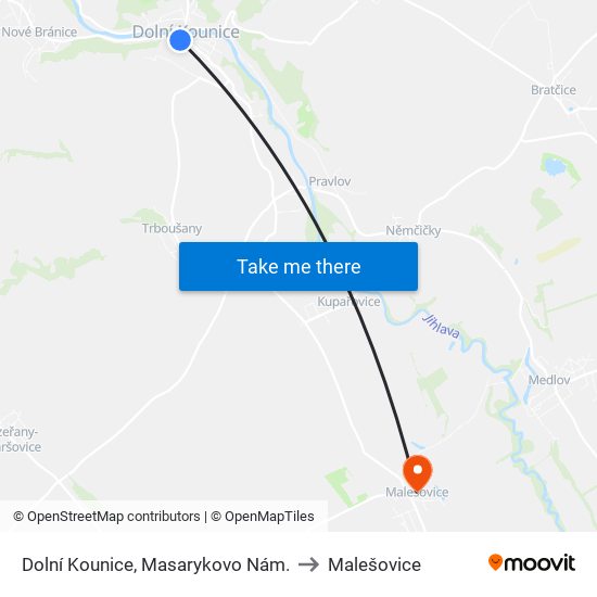 Dolní Kounice, Masarykovo Nám. to Malešovice map