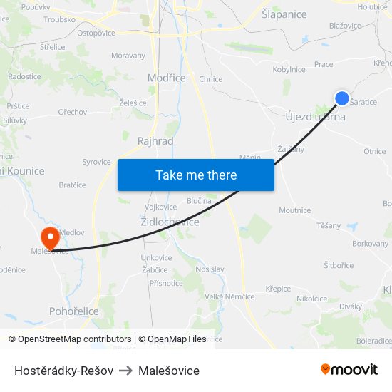 Hostěrádky-Rešov to Malešovice map