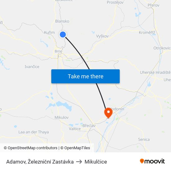 Adamov, Železniční Zastávka to Mikulčice map