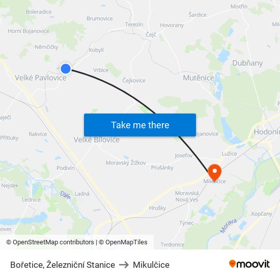 Bořetice, Železniční Stanice to Mikulčice map