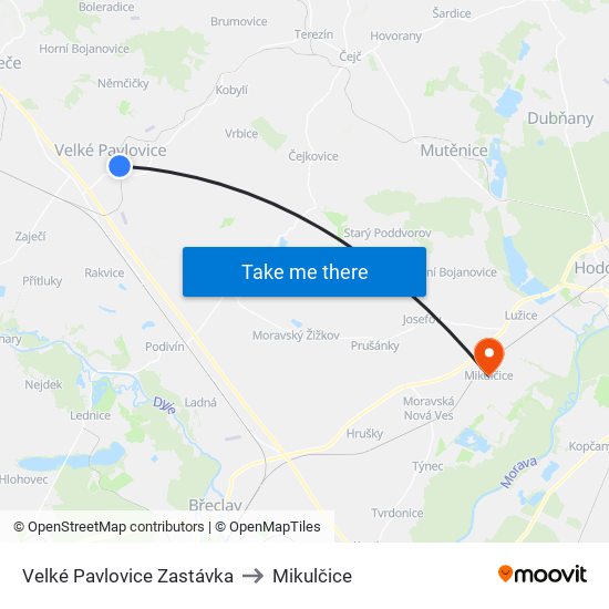 Velké Pavlovice Zastávka to Mikulčice map