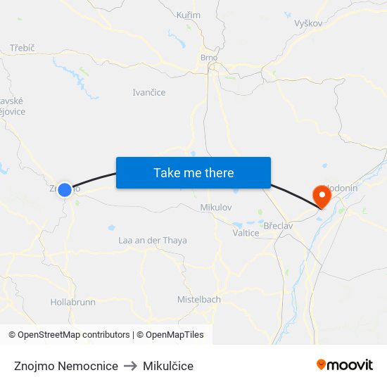 Znojmo Nemocnice to Mikulčice map