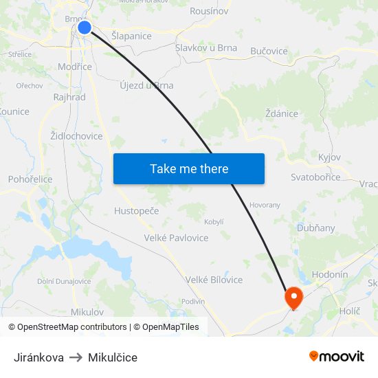 Jiránkova to Mikulčice map