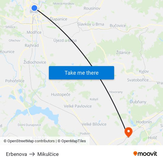 Erbenova to Mikulčice map