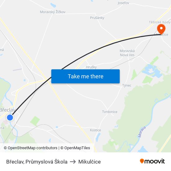 Břeclav, Průmyslová Škola to Mikulčice map
