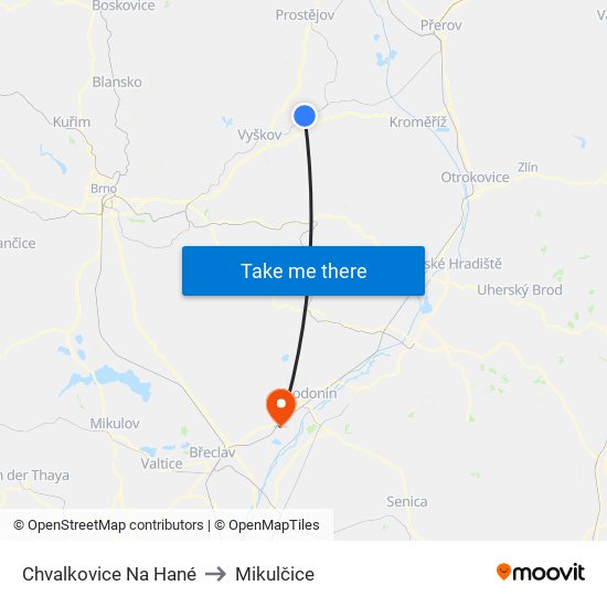 Chvalkovice Na Hané to Mikulčice map