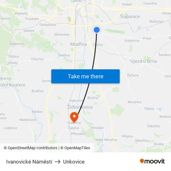 Ivanovické Náměstí to Unkovice map