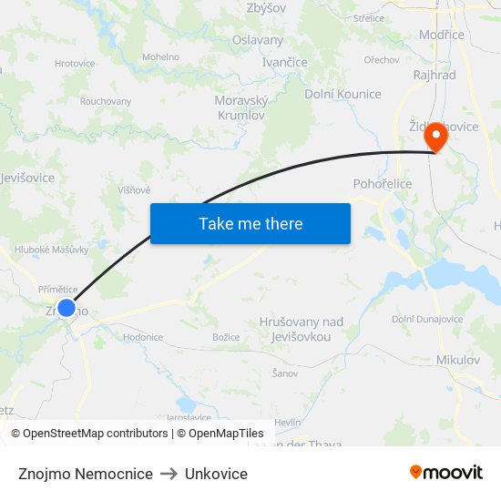 Znojmo Nemocnice to Unkovice map