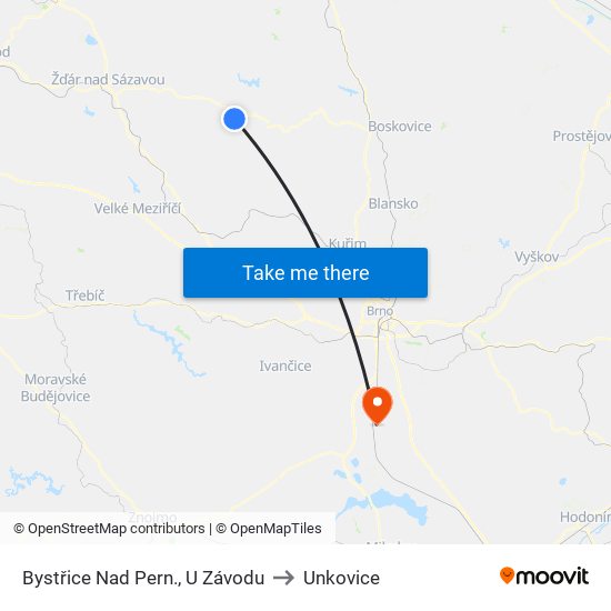 Bystřice Nad Pern., U Závodu to Unkovice map