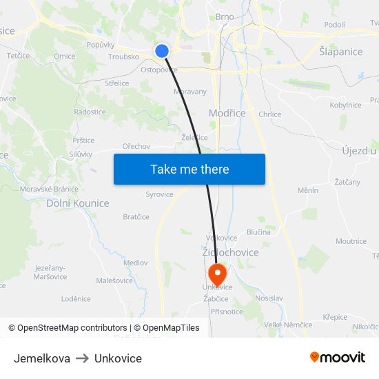 Jemelkova to Unkovice map