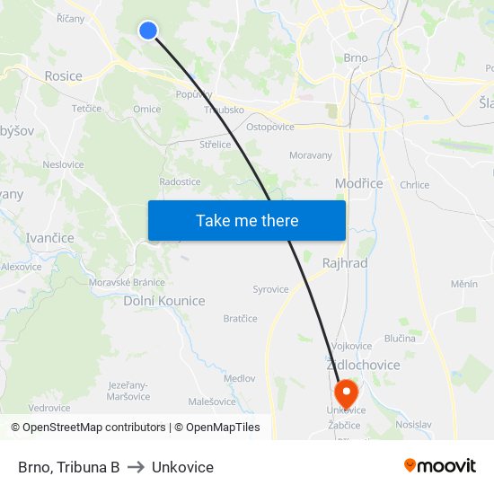 Brno, Tribuna B to Unkovice map