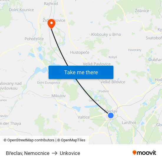 Břeclav, Nemocnice to Unkovice map