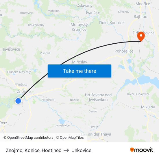 Znojmo, Konice, Hostinec to Unkovice map