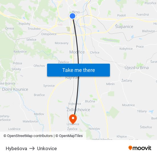 Hybešova to Unkovice map