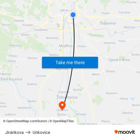 Jiránkova to Unkovice map