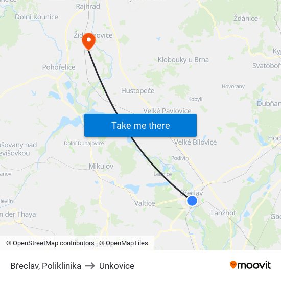 Břeclav, Poliklinika to Unkovice map