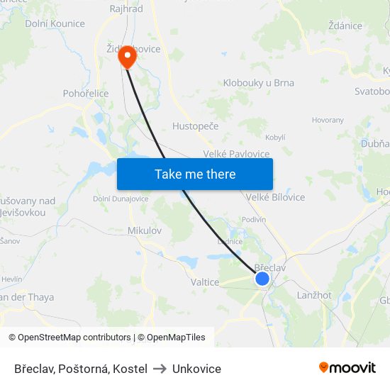 Břeclav, Poštorná, Kostel to Unkovice map