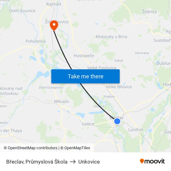 Břeclav, Průmyslová Škola to Unkovice map