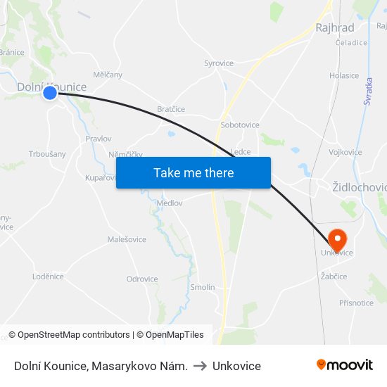 Dolní Kounice, Masarykovo Nám. to Unkovice map