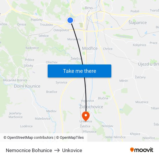 Nemocnice Bohunice to Unkovice map