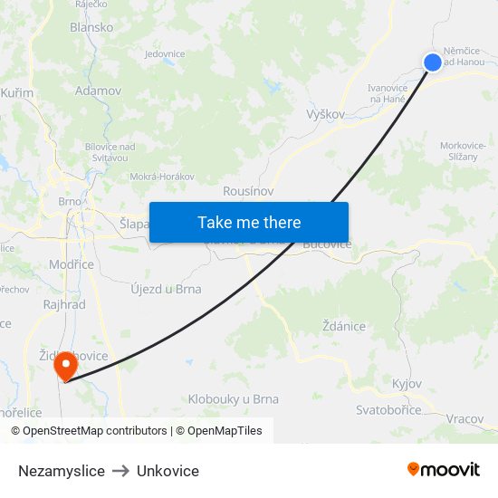 Nezamyslice to Unkovice map