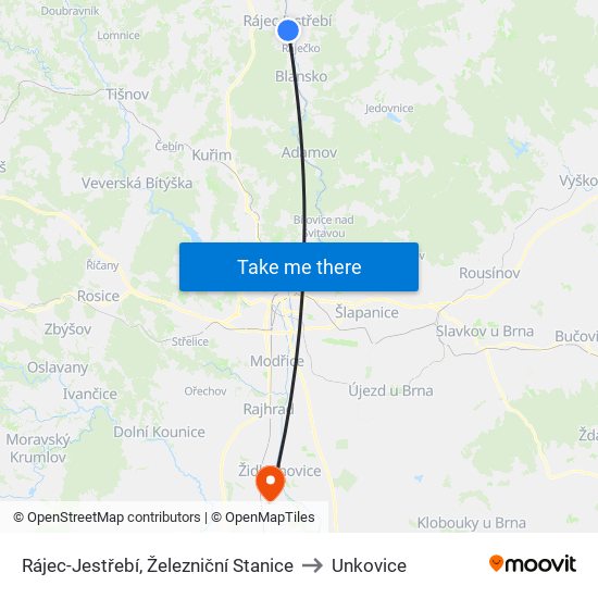 Rájec-Jestřebí, Železniční Stanice to Unkovice map