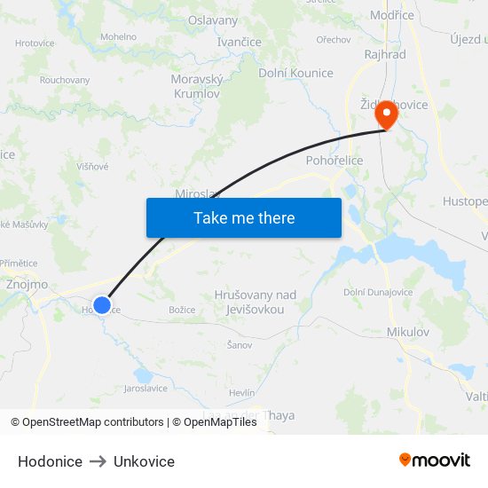 Hodonice to Unkovice map