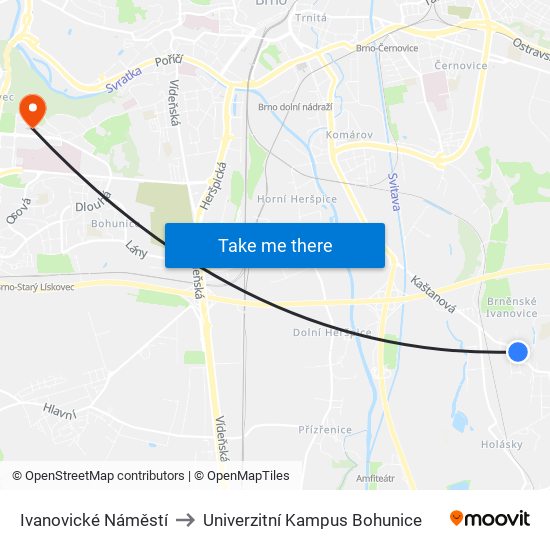 Ivanovické Náměstí to Univerzitní Kampus Bohunice map