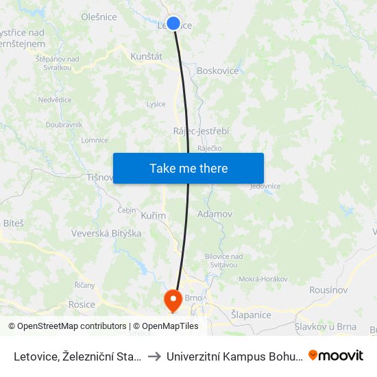 Letovice, Železniční Stanice to Univerzitní Kampus Bohunice map