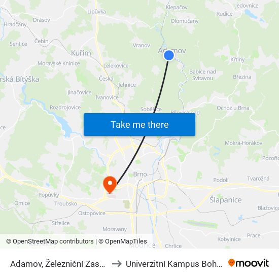 Adamov, Železniční Zastávka to Univerzitní Kampus Bohunice map