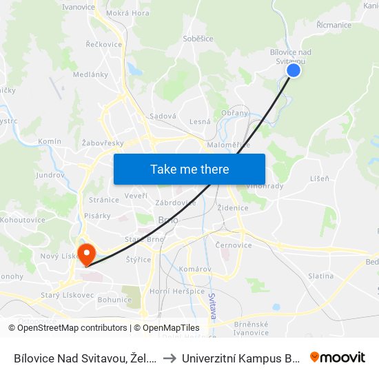 Bílovice Nad Svitavou, Žel. Stanice to Univerzitní Kampus Bohunice map