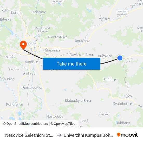 Nesovice, Železniční Stanice to Univerzitní Kampus Bohunice map