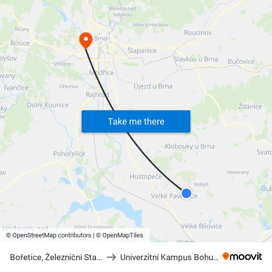 Bořetice, Železniční Stanice to Univerzitní Kampus Bohunice map