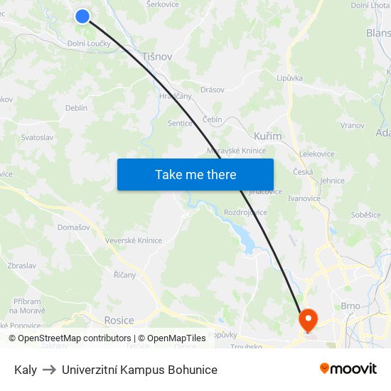 Kaly to Univerzitní Kampus Bohunice map