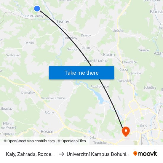 Kaly, Zahrada, Rozcestí to Univerzitní Kampus Bohunice map
