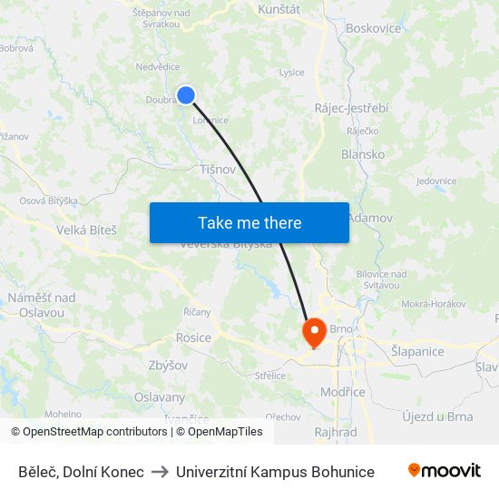 Běleč, Dolní Konec to Univerzitní Kampus Bohunice map