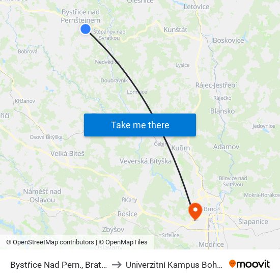 Bystřice Nad Pern., Bratrušín to Univerzitní Kampus Bohunice map