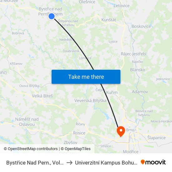 Bystřice Nad Pern., Voldán to Univerzitní Kampus Bohunice map