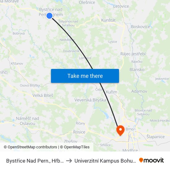 Bystřice Nad Pern., Hřbitov to Univerzitní Kampus Bohunice map