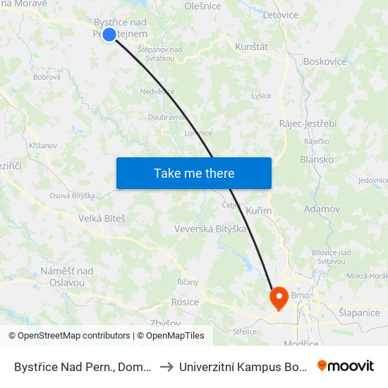 Bystřice Nad Pern., Domanínek to Univerzitní Kampus Bohunice map