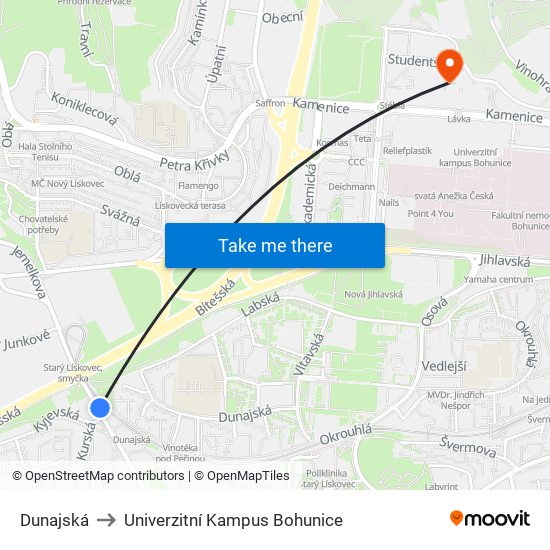 Dunajská to Univerzitní Kampus Bohunice map