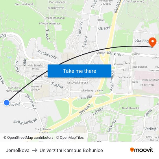 Jemelkova to Univerzitní Kampus Bohunice map