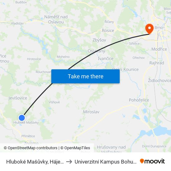 Hluboké Mašůvky, Hájenka to Univerzitní Kampus Bohunice map