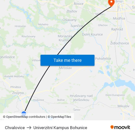 Chvalovice to Univerzitní Kampus Bohunice map