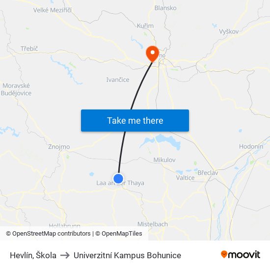 Hevlín, Škola to Univerzitní Kampus Bohunice map